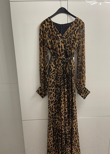 Kahverengi Leopar Desenli Uzun Elbise - Görsel 3