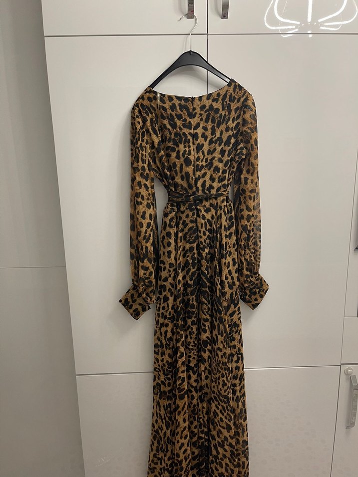Kahverengi Leopar Desenli Uzun Elbise - Görsel 5