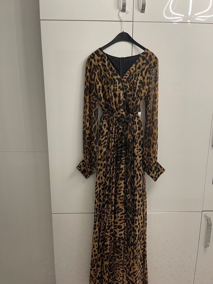 Kahverengi Leopar Desenli Uzun Elbise - Görsel 4