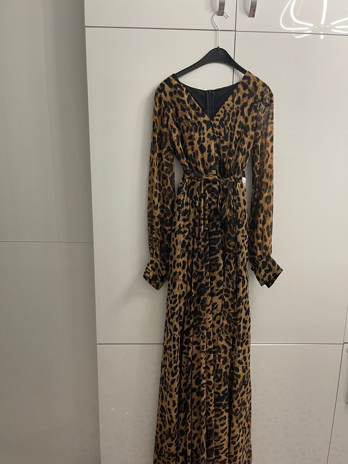 Kahverengi Leopar Desenli Uzun Elbise - Görsel 2