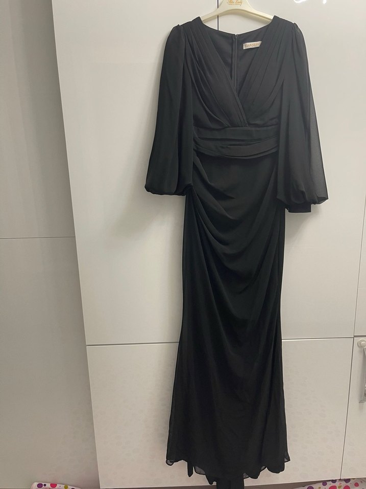 Uzun Siyah Drapeli V Yakalı Abiye Elbise - Görsel 2