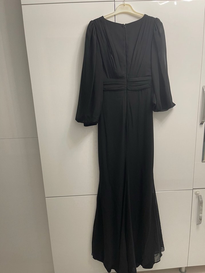 Uzun Siyah Drapeli V Yakalı Abiye Elbise - Görsel 4