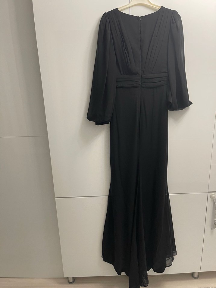 Uzun Siyah Drapeli V Yakalı Abiye Elbise - Görsel 5