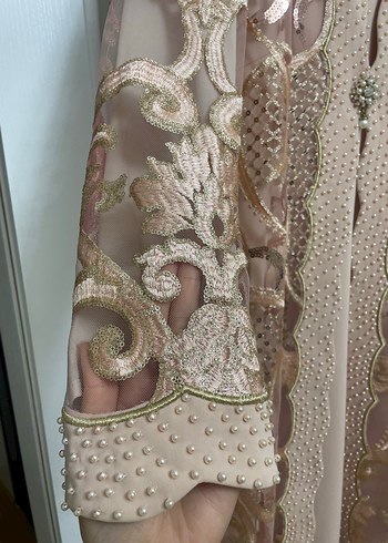 Dantel İşlemeli Bej Uzun Abiye Elbise - Görsel 2