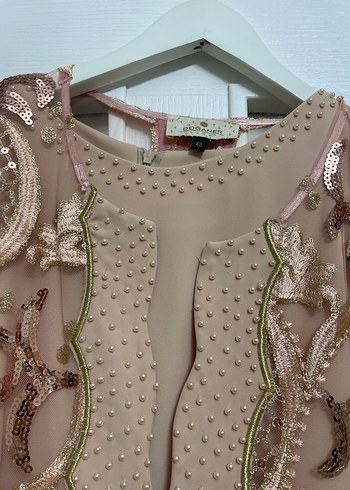 Dantel İşlemeli Bej Uzun Abiye Elbise - Görsel 4