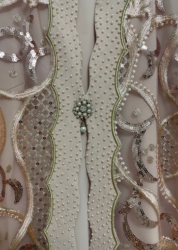 Dantel İşlemeli Bej Uzun Abiye Elbise - Görsel 3