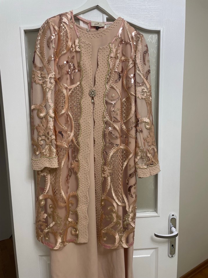 Dantel İşlemeli Bej Uzun Abiye Elbise - Görsel 5