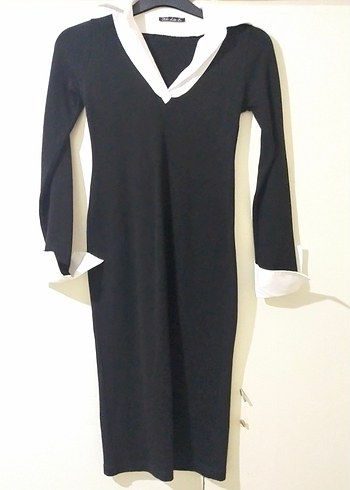 V Yaka Siyah Uzun Kollu Elbise - Görsel 4