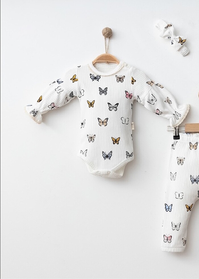 Kelebek deseni 3lü zıbınlı bebek takımı - Görsel 2