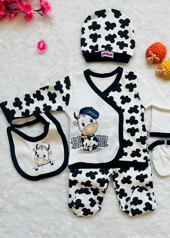 Sevimli inek desenli yenidoğan hastane çıkışı bebek takımı - Görsel 2