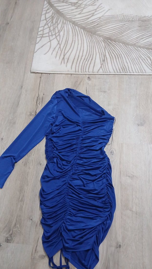 Mavi Drapeli Straplez Midi Elbise - Görsel 2