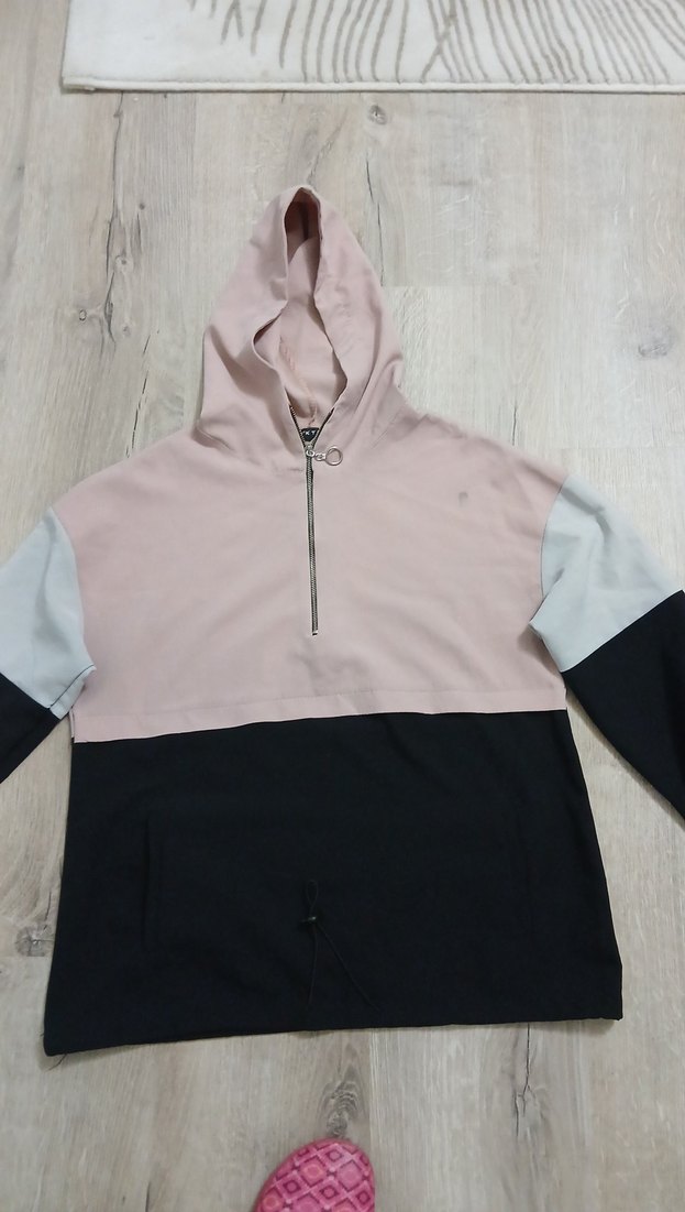 Renk Bloklu Kapüşonlu Fermuarlı Sweatshirt - Görsel 2