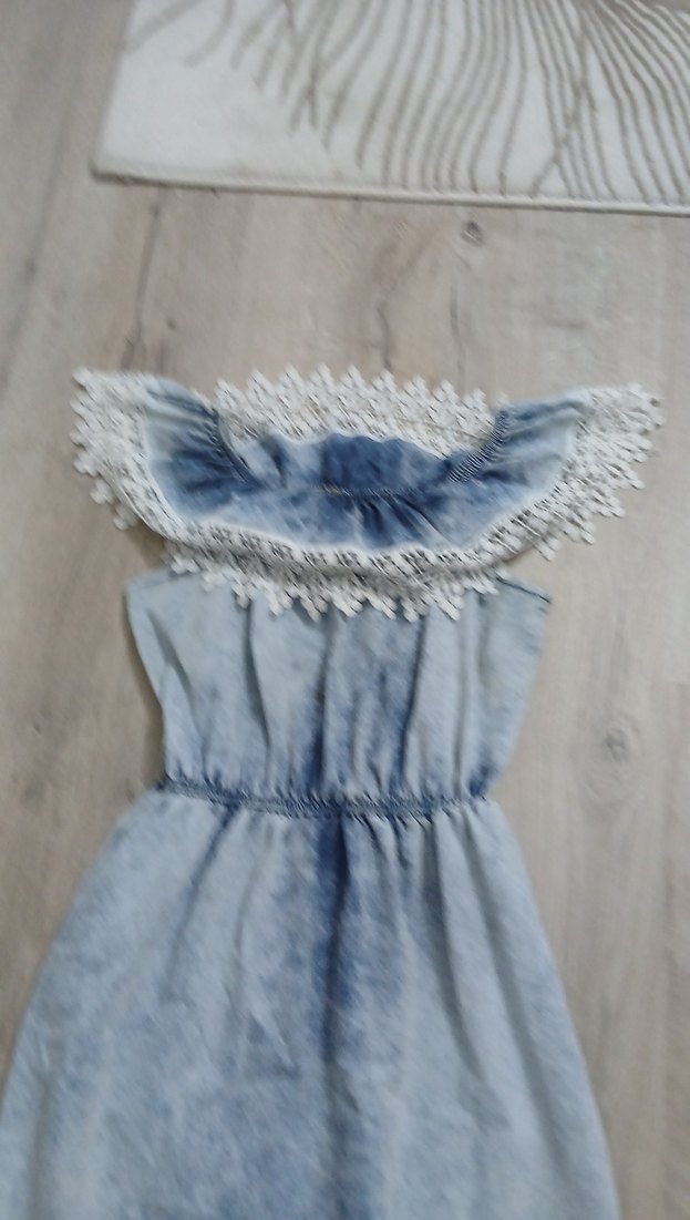 Mavi Straplez Nakışlı Denim Elbise - Görsel 2