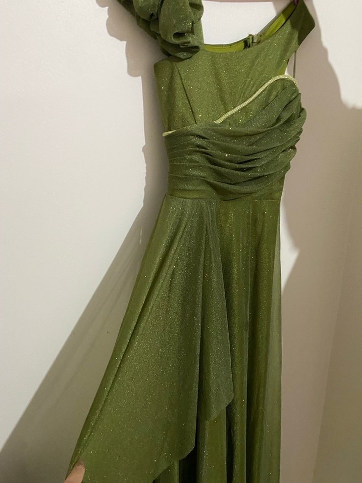 Parlak Yeşil Drapeli Uzun Abiye Elbise - Görsel 2