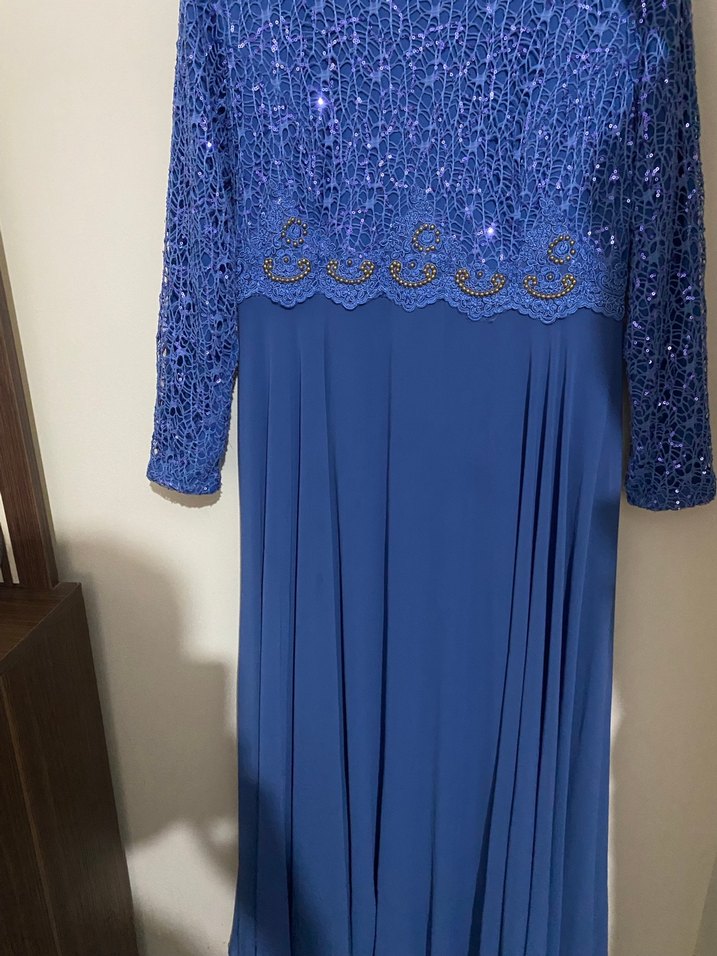 Uzun Kollu Drapeli Koyu Mavi Kadın Abiye Elbise - Görsel 4