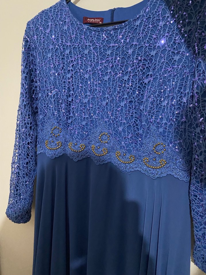 Uzun Kollu Drapeli Koyu Mavi Kadın Abiye Elbise - Görsel 3