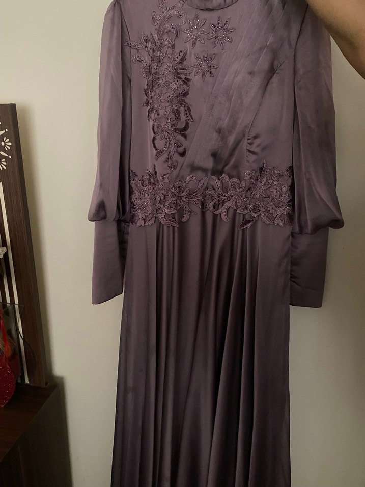 Mor Drapeli Uzun Kollu Vintage Abiye Elbise - Görsel 2