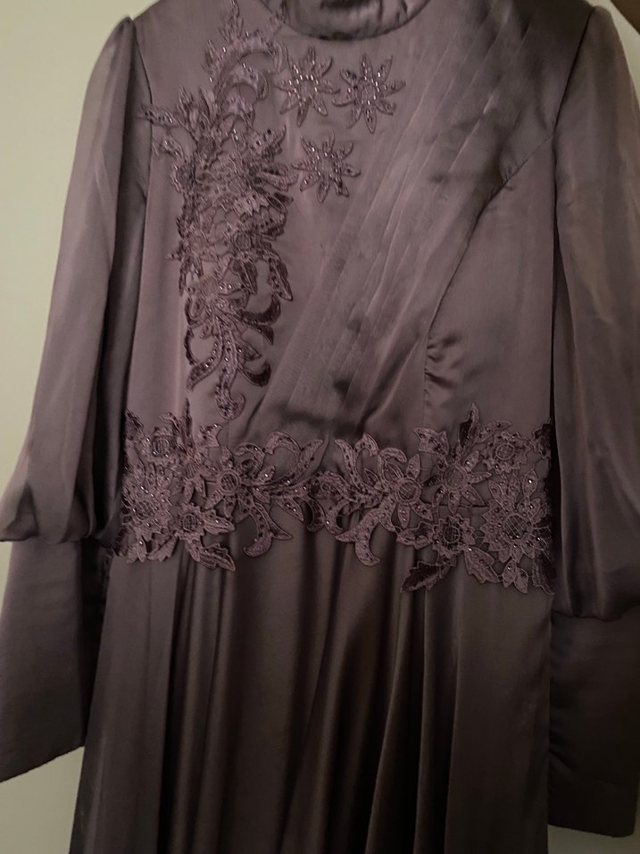 Mor Drapeli Uzun Kollu Vintage Abiye Elbise - Görsel 3