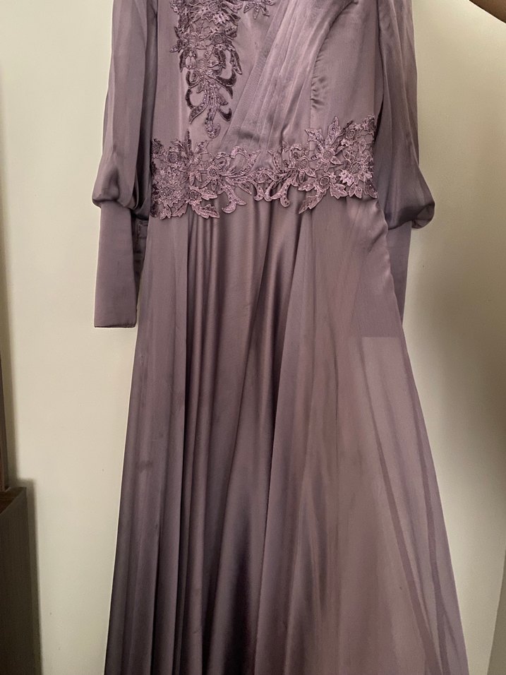 Mor Drapeli Uzun Kollu Vintage Abiye Elbise - Görsel 4