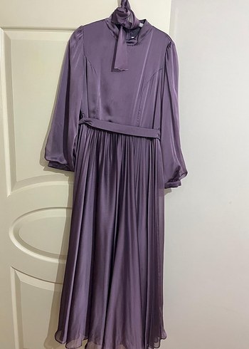 Mor Uzun Kollu Drapeli Abiye Elbise - Görsel 3