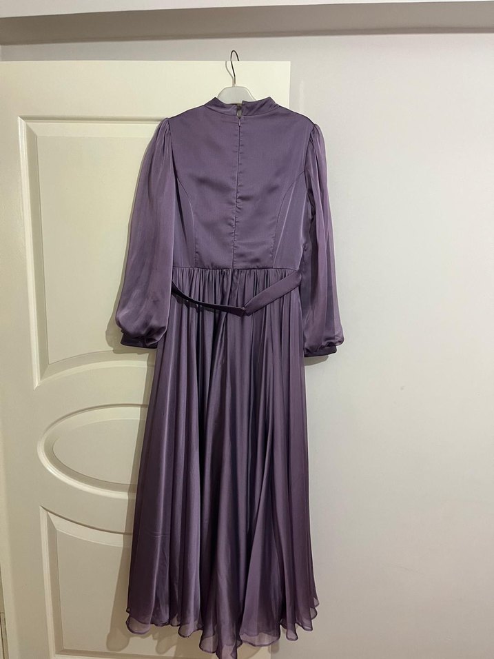 Mor Uzun Kollu Drapeli Abiye Elbise - Görsel 2