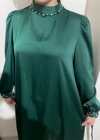 Uzun Kol Drapeli Yeşil Abiye Elbise - Görsel 4