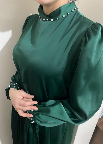 Uzun Kol Drapeli Yeşil Abiye Elbise - Görsel 2