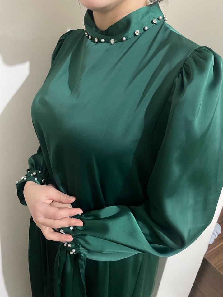 Uzun Kol Drapeli Yeşil Abiye Elbise - Görsel 2