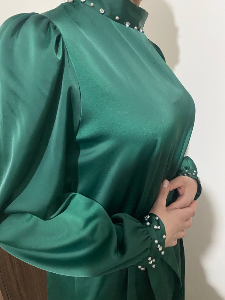 Uzun Kol Drapeli Yeşil Abiye Elbise - Görsel 3