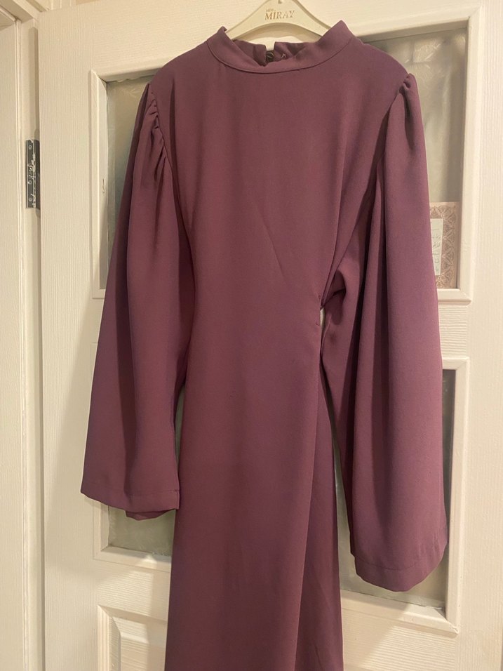 Mor Uzun Kollu Drapeli Kadın Elbise - Görsel 2