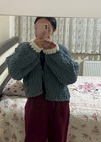 Gri Örgü Kadın Hırka, Yüksek Yaka, Normal Boy - Görsel 4