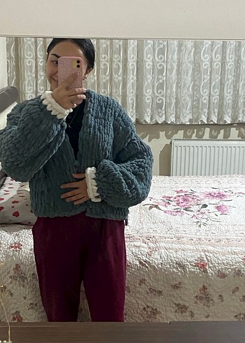 Gri Örgü Kadın Hırka, Yüksek Yaka, Normal Boy - Görsel 3