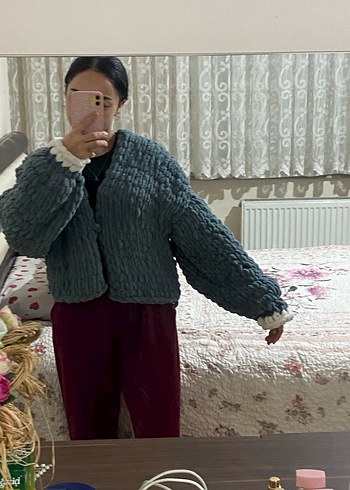 Gri Örgü Kadın Hırka, Yüksek Yaka, Normal Boy - Görsel 2