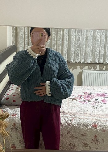 Gri Örgü Kadın Hırka, Yüksek Yaka, Normal Boy - Görsel 5