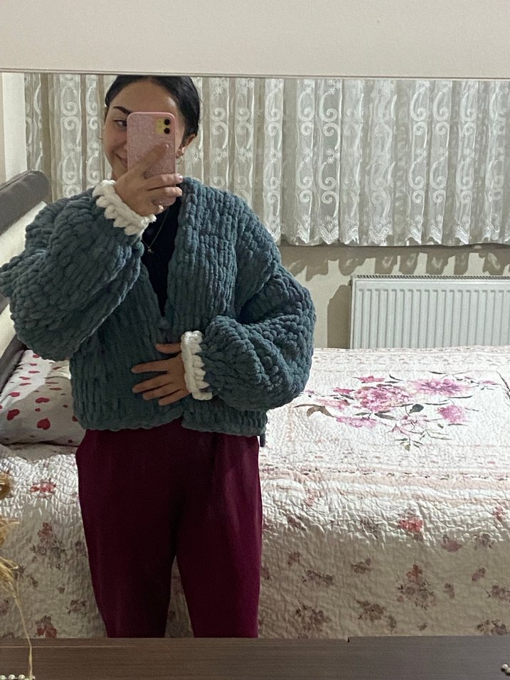 Gri Örgü Kadın Hırka, Yüksek Yaka, Normal Boy - Görsel 3