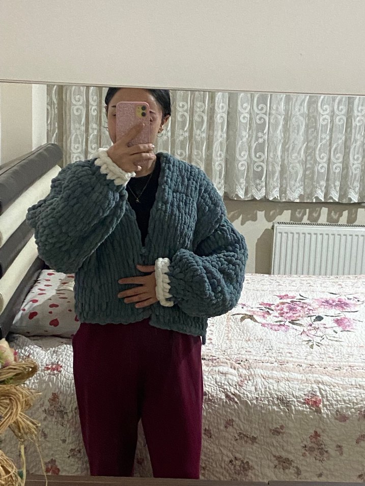 Gri Örgü Kadın Hırka, Yüksek Yaka, Normal Boy - Görsel 5