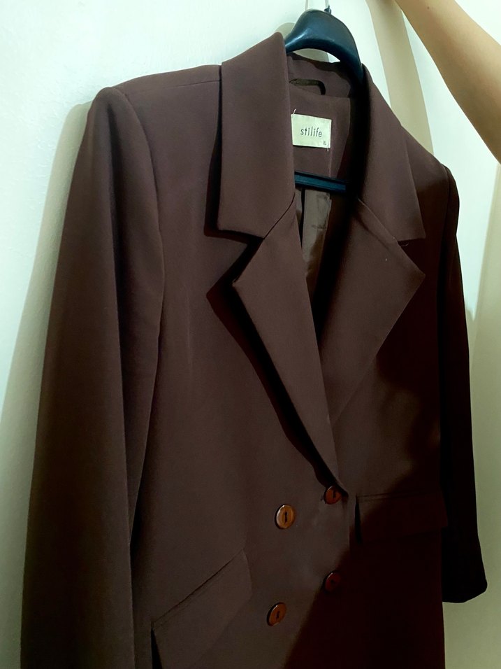 Kahverengi Kadın Düğmeli Midi Blazer - Görsel 3