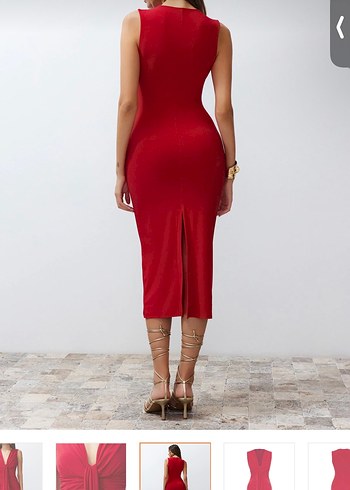 Kadın Kırmızı Uzun Drapeli Kalem Elbise - Görsel 5