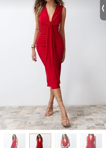Kadın Kırmızı Uzun Drapeli Kalem Elbise - Görsel 3