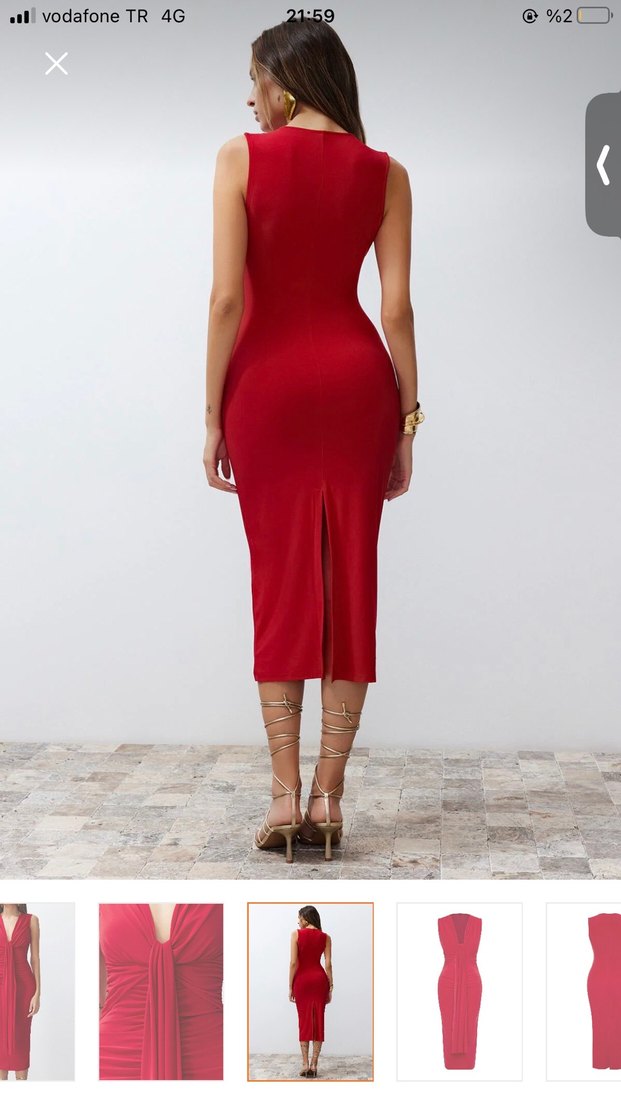 Kadın Kırmızı Uzun Drapeli Kalem Elbise - Görsel 5