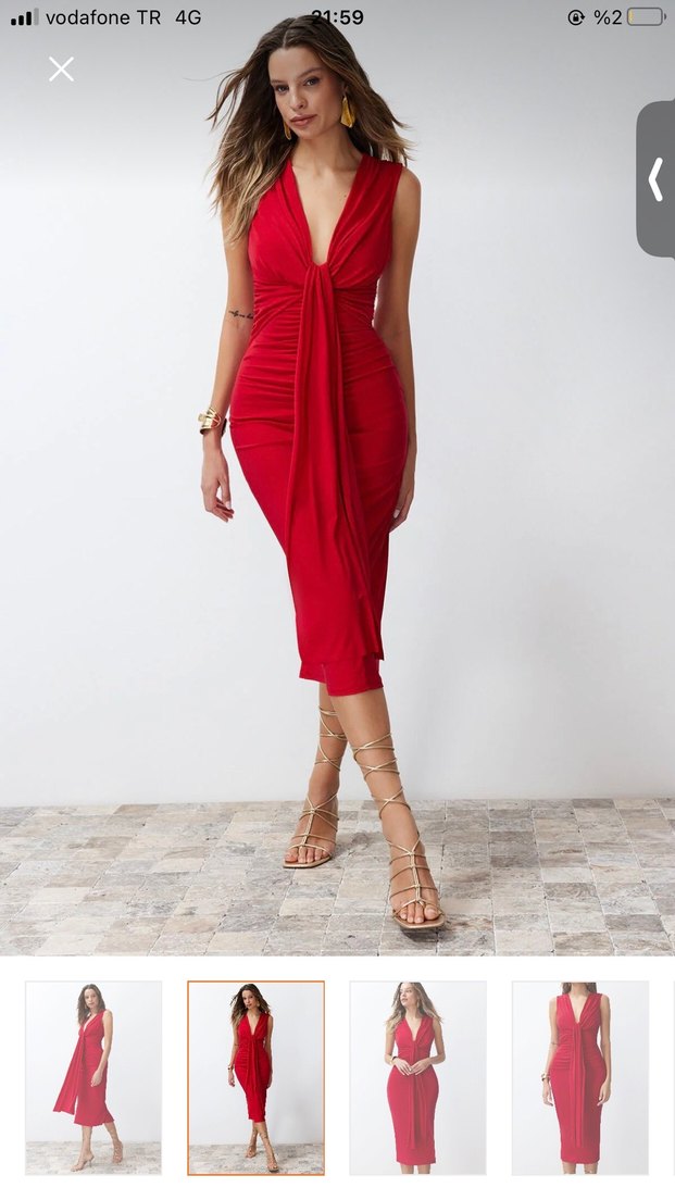Kadın Kırmızı Uzun Drapeli Kalem Elbise - Görsel 3