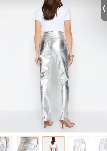 Kadın Gri Metalik Midi Jean Pantolon - Görsel 5