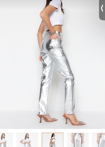 Kadın Gri Metalik Midi Jean Pantolon - Görsel 3