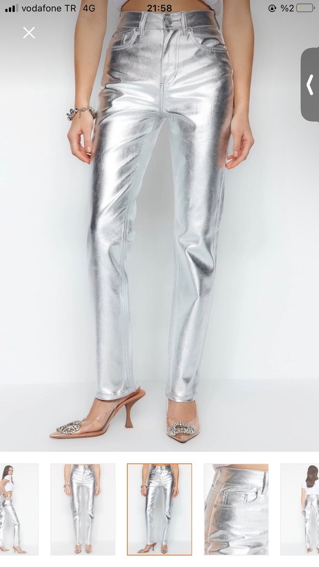 Kadın Gri Metalik Midi Jean Pantolon - Görsel 4