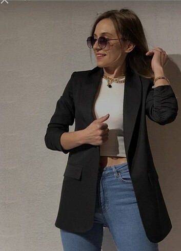 m Beden Siyah Astarlı Düğmesiz Blazer Ceket 