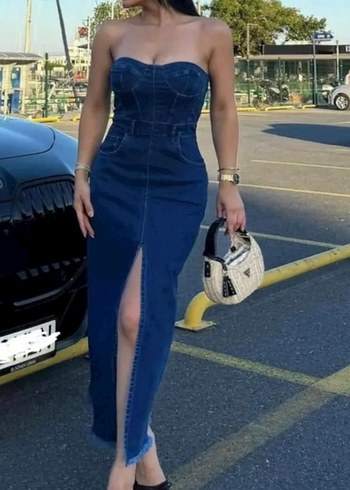 Mavi Kot Straplez Uzun Elbise