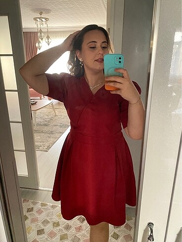 Bordo kruvaze yaka elbise - Görsel 5