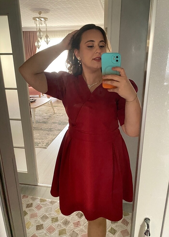 Bordo kruvaze yaka elbise - Görsel 5