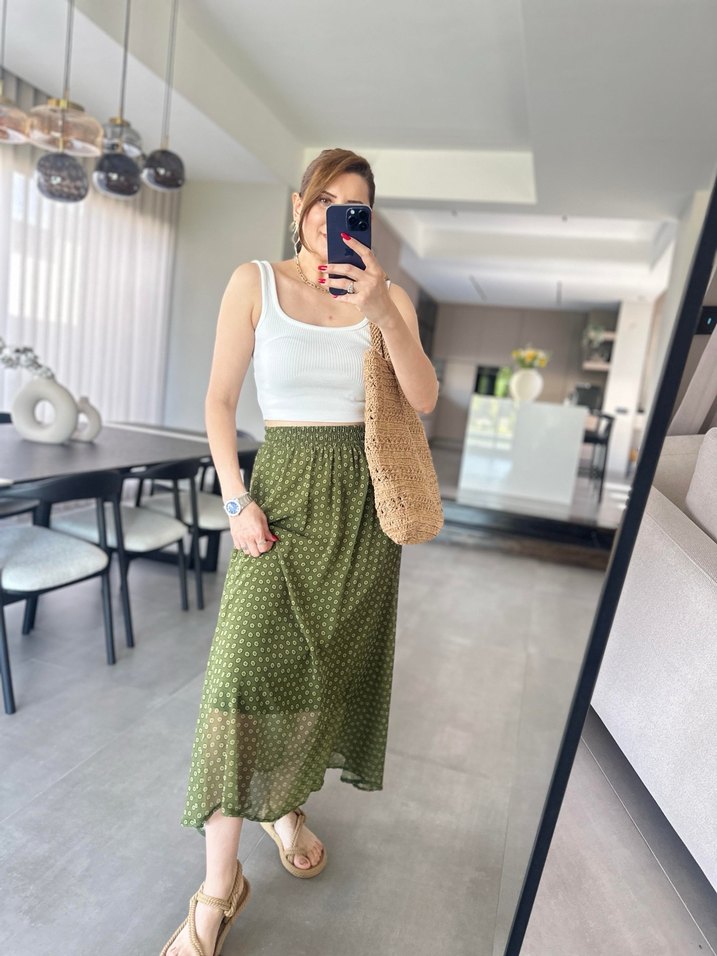 Yeşil Puantiyeli Astarlı Tül Uzun Etek - Görsel 3