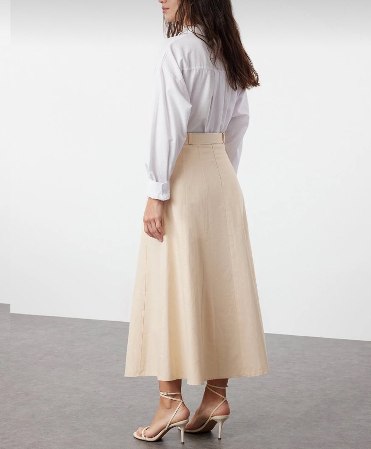 Bej Kemerli Uzun Pamuk Etek - Görsel 5